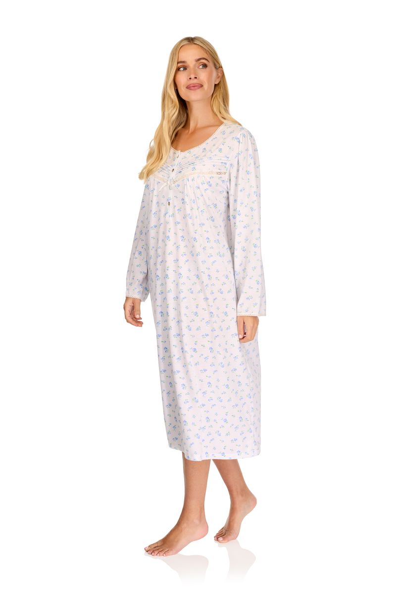 Ladies long sleeve vintage blossoms nightdress in blue side