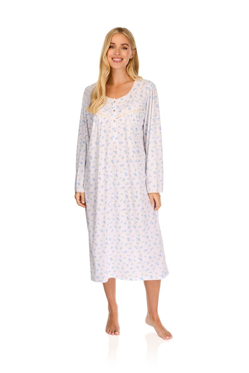 Ladies long sleeve vintage blossoms nightdress in blue