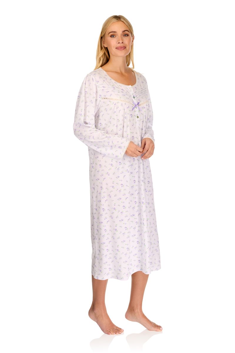 Ladies long sleeve vintage blossoms nightdress in lilac side