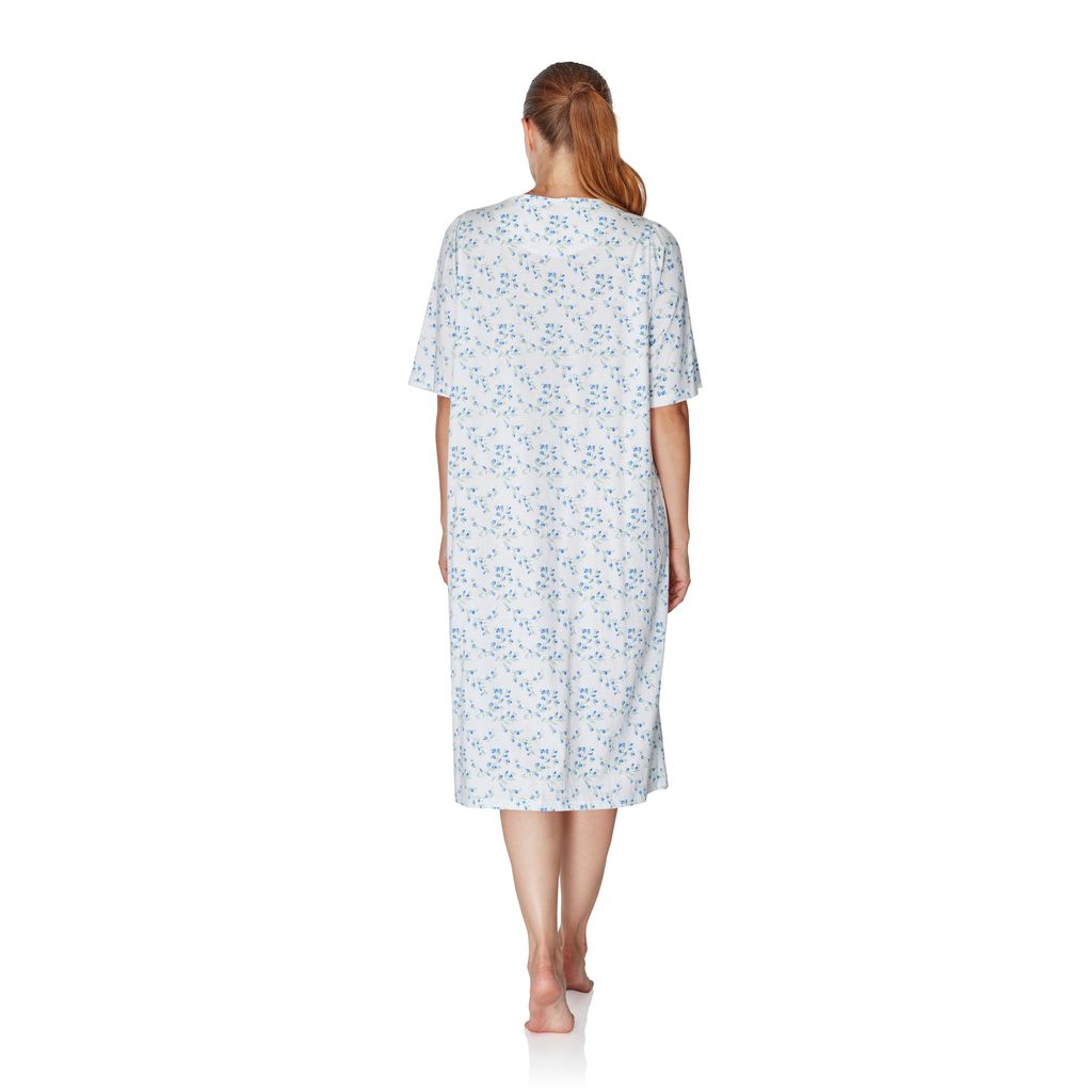 Ladies short sleeve moonlit tulip button through nightdress blue back
