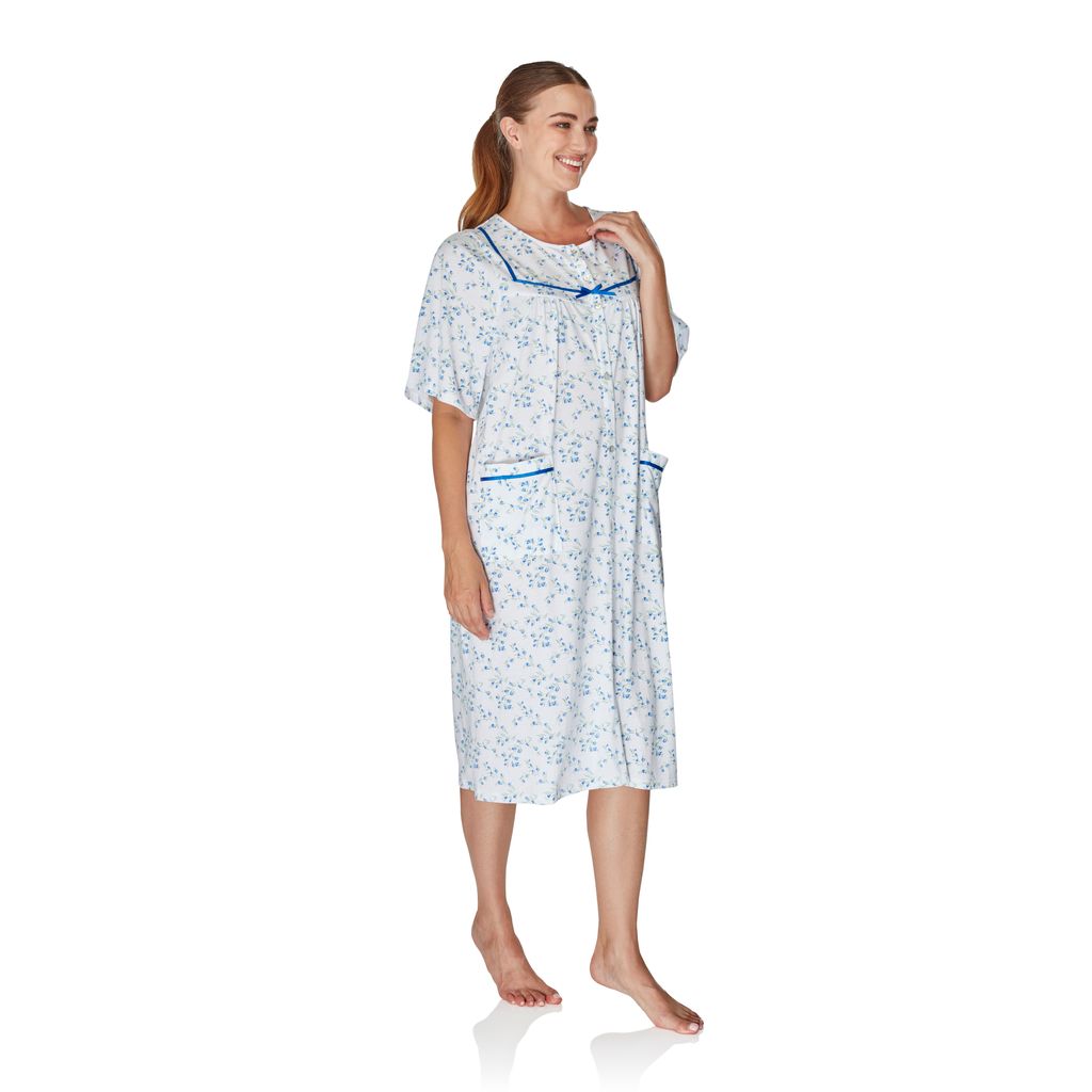 Ladies short sleeve moonlit tulip button through nightdress blue side