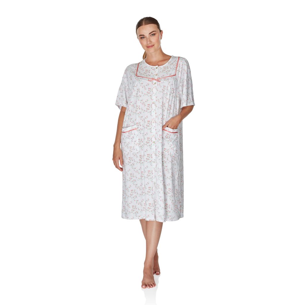 Ladies short sleeve moonlit tulip button through nightdress peach