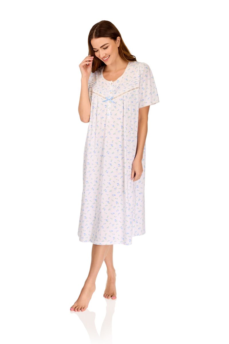 Ladies short sleeve vintage blossoms nightdress in blue side 05369