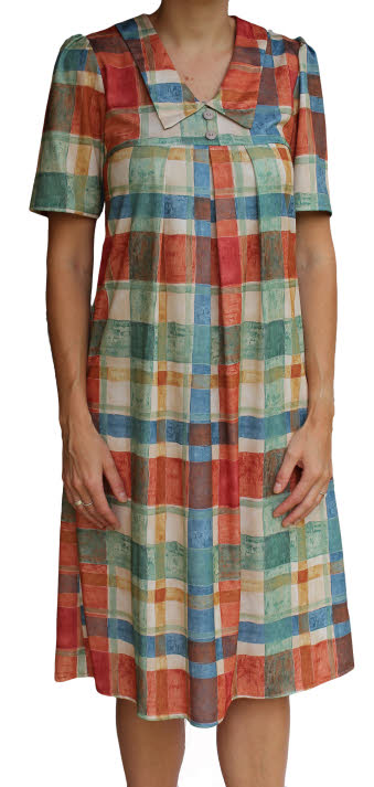 Ladies smock dress in orange, green and blue check print