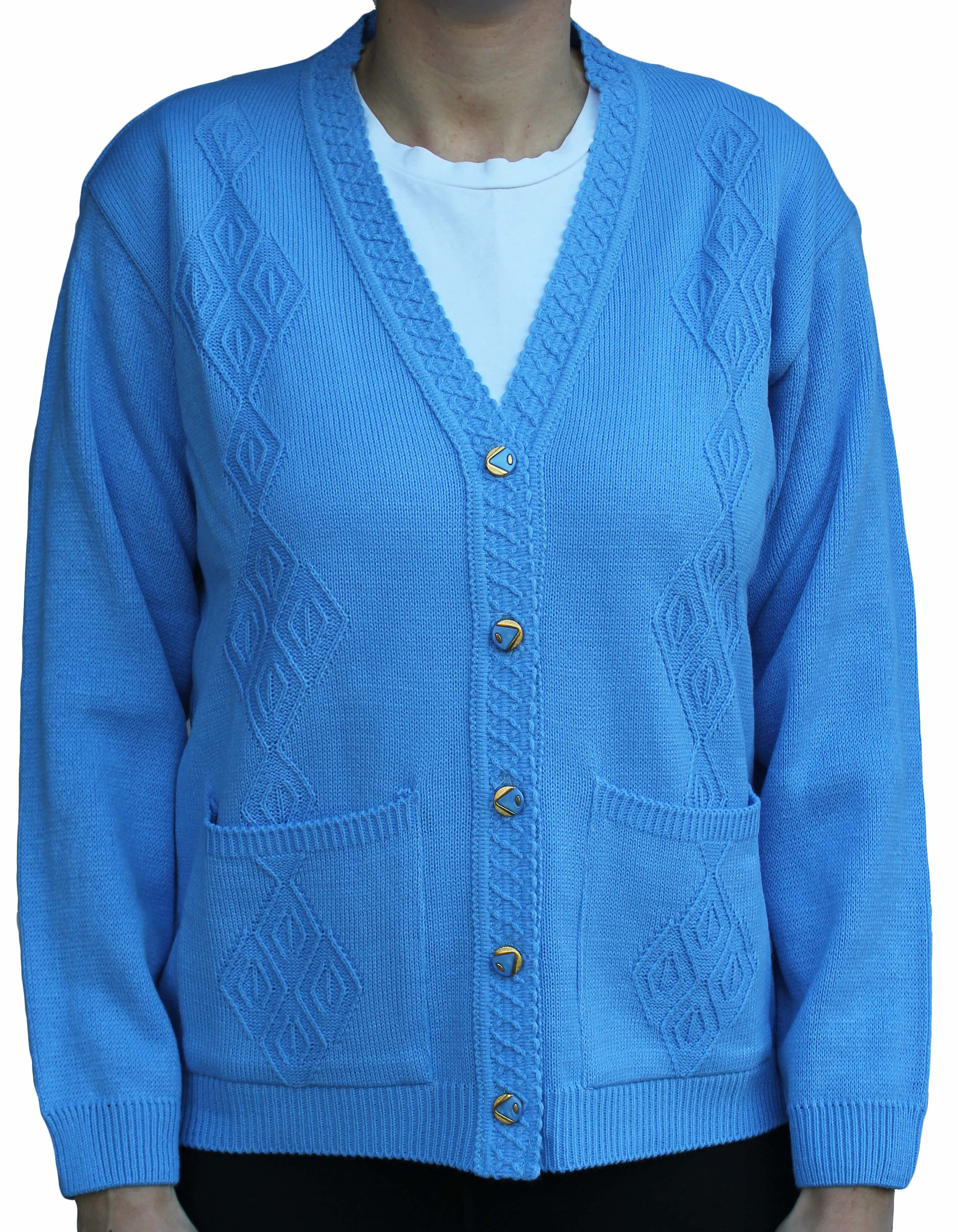 Ladies long sleeve knitted diamond design Cardigan in Cornflower blue