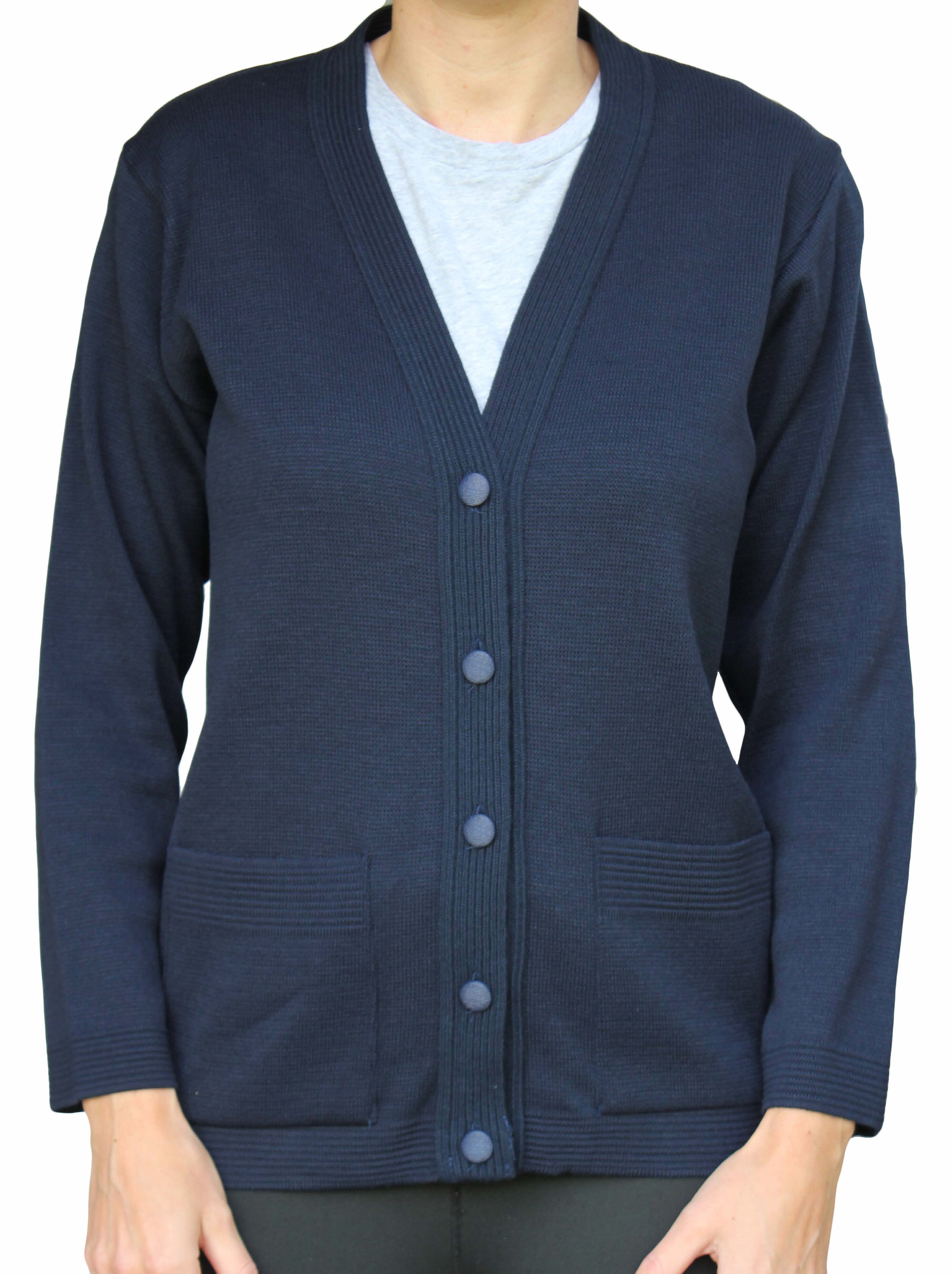 Ladies long sleeve knitted plain Cardigan in Navy