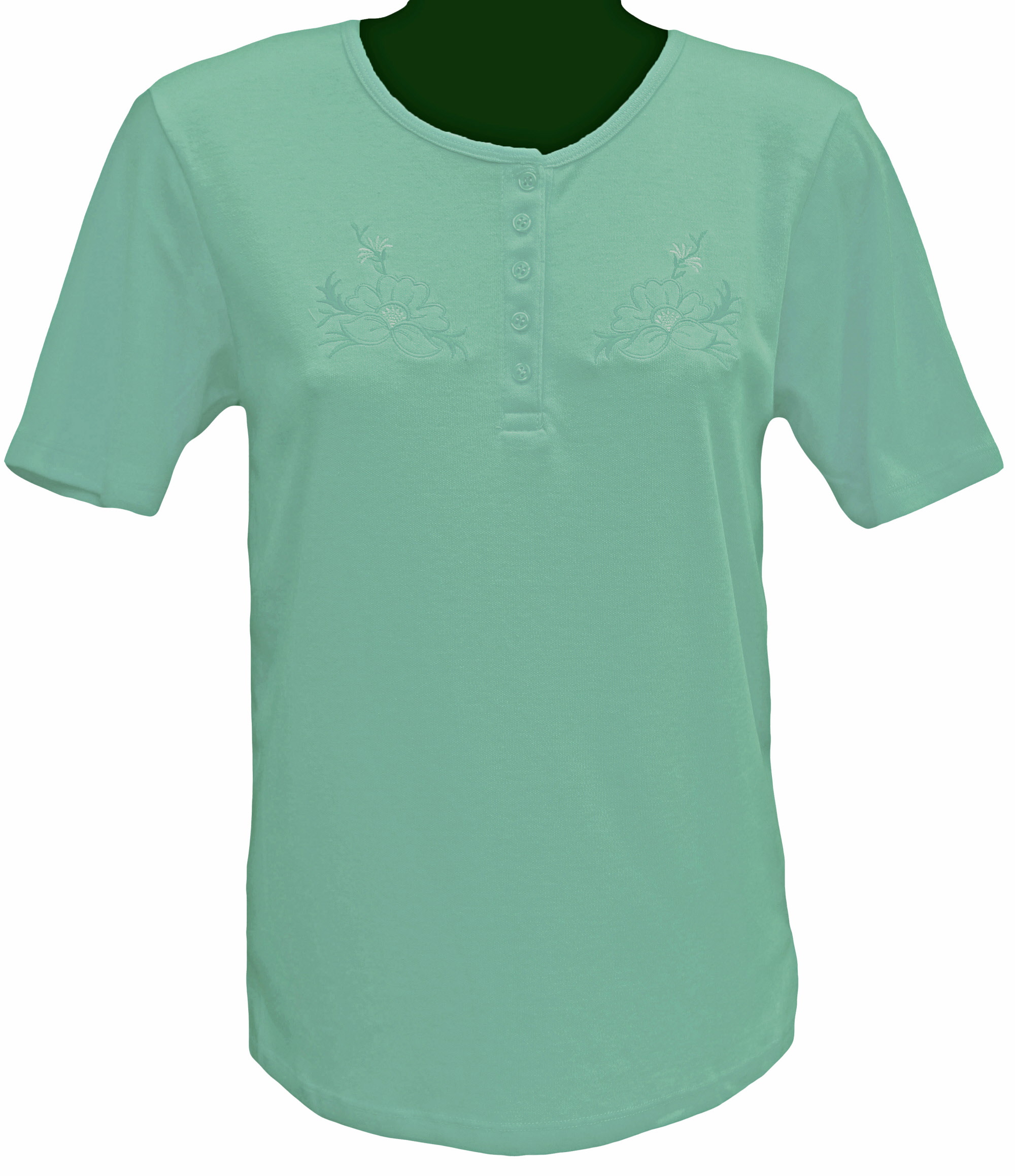 Beaumonde button front Tshirt with flower embroidery in sage green