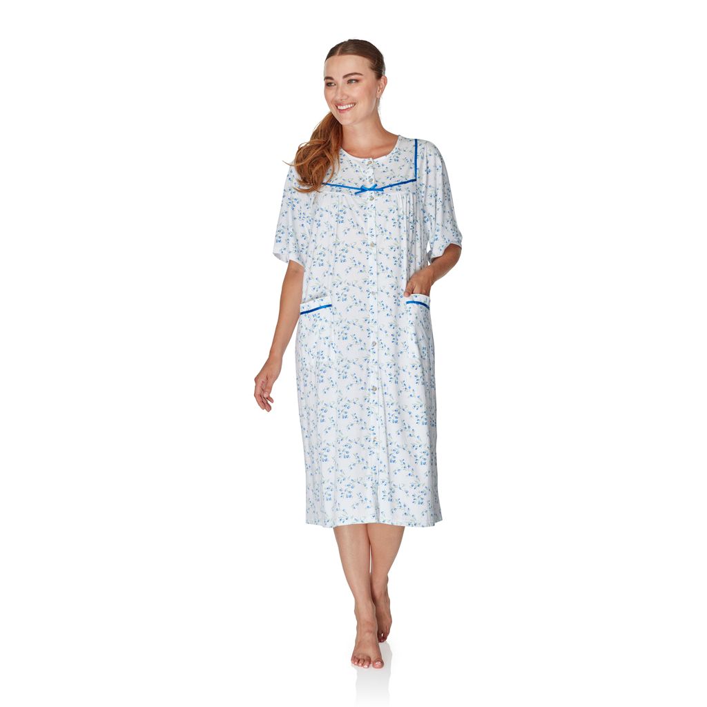 Ladies Button through Short sleeve cotton rich jersey Nightdress in Moonlit Tulip pattern