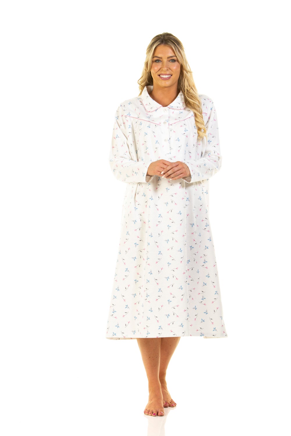 Ladies Collared Long Sleeved 100 brushed cotton winceyettefloral nightdress. Nightdresses for