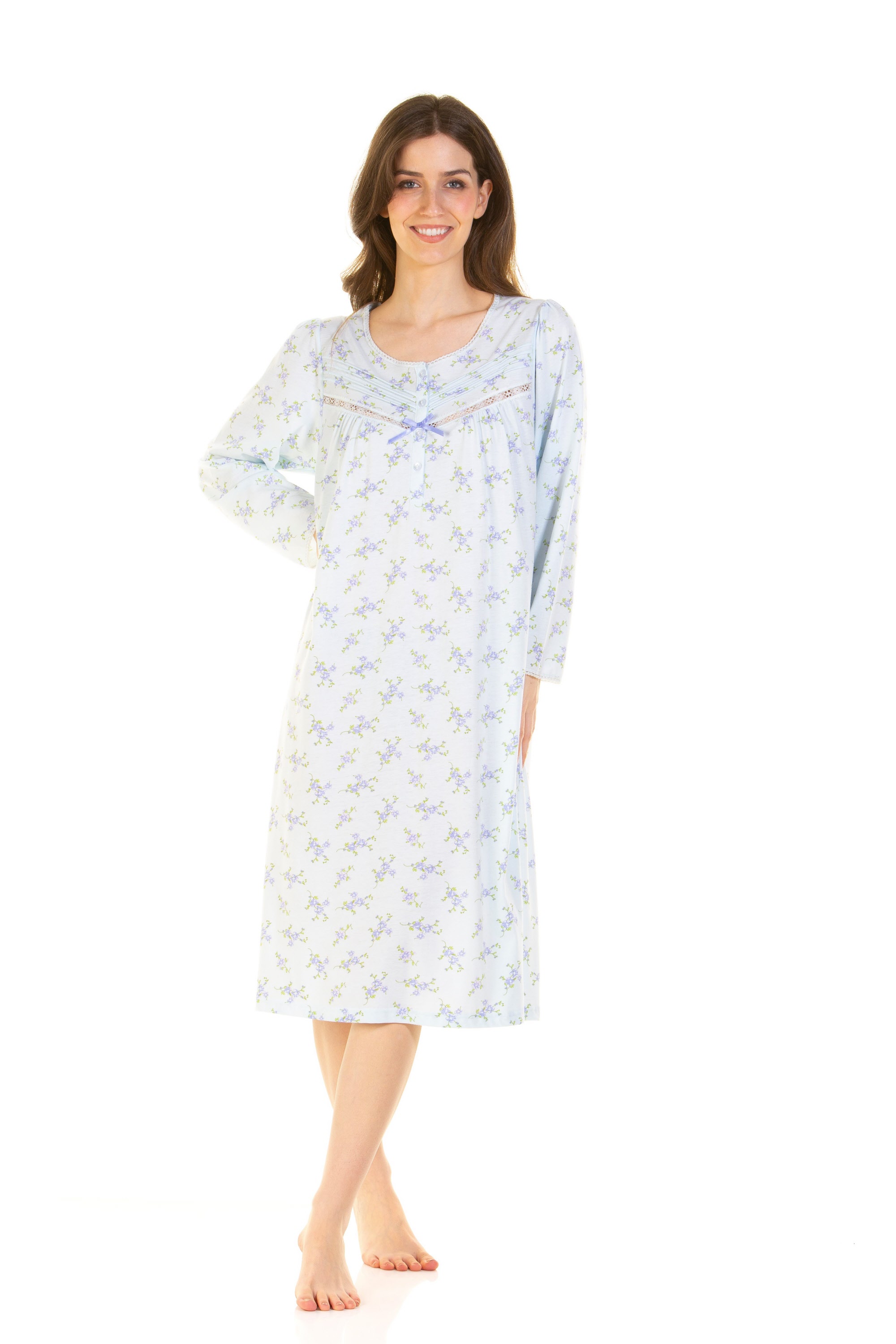 Ladies Long Sleeved primrose in bloom jersey Nightdress by La Marquise