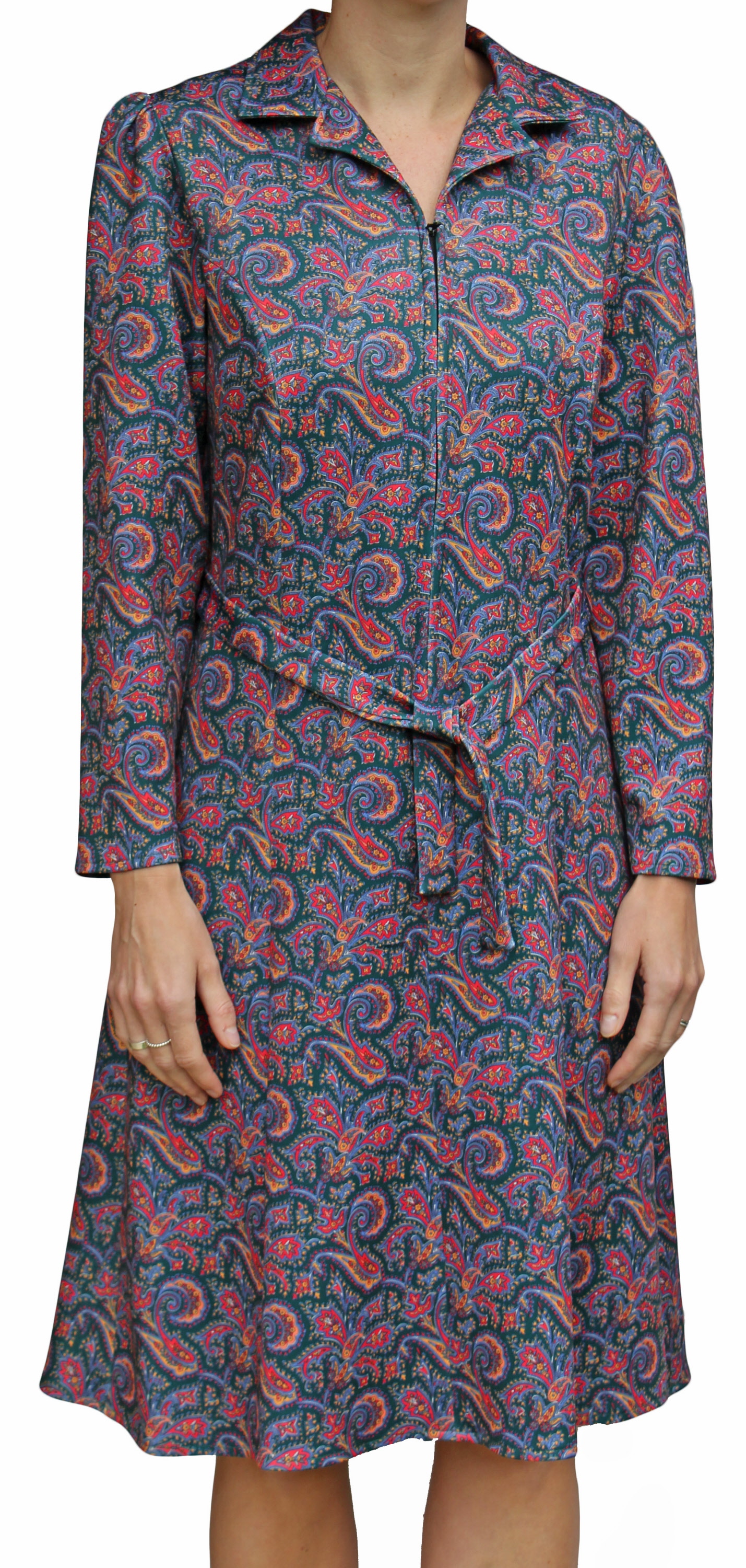 long sleeve dresses for the elderly Ladies long sleeve button through tie back dress by Rival. Green abstract pattern . Short fit 0522