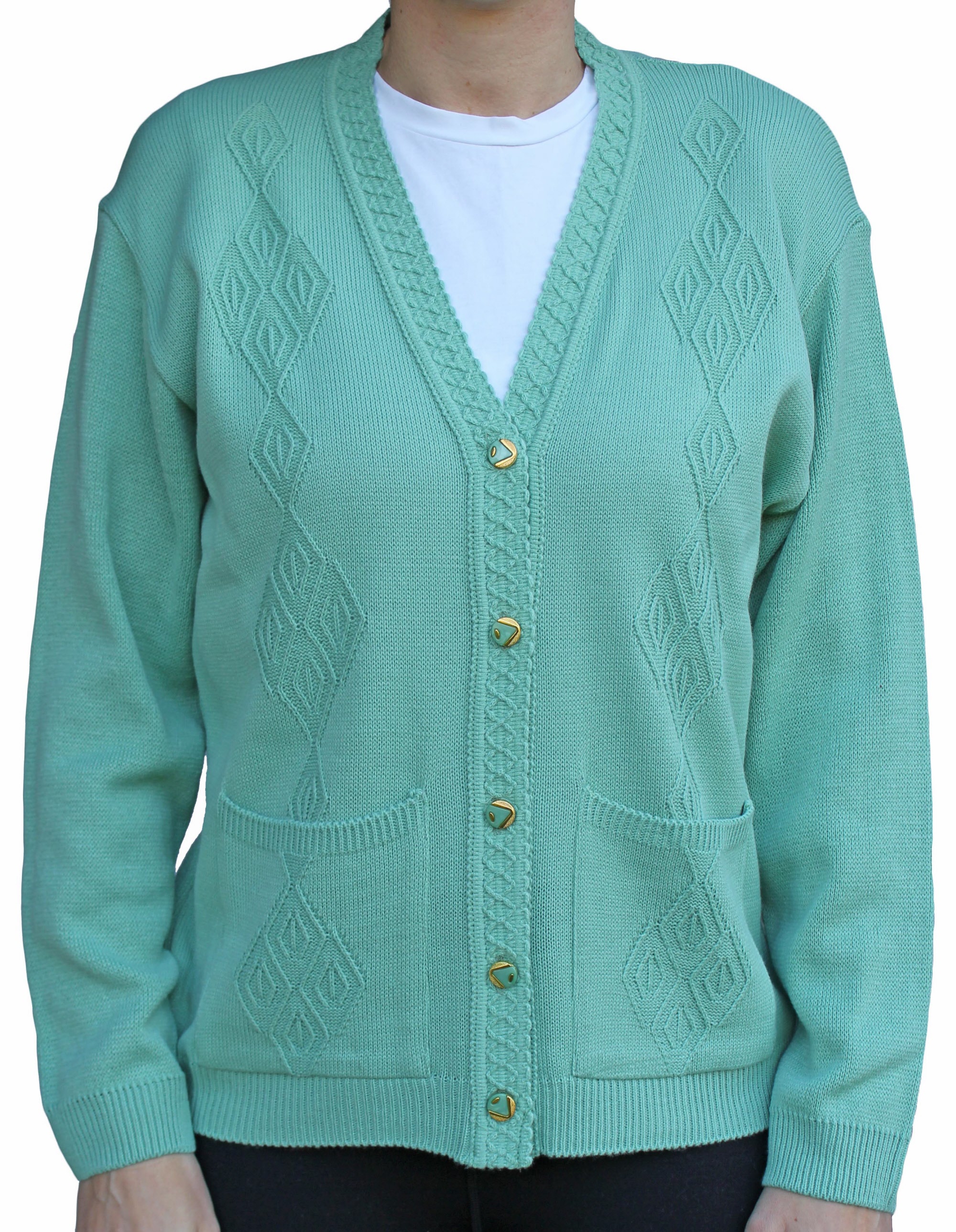 Ladies long sleeve diamond design v neck cardigan in green