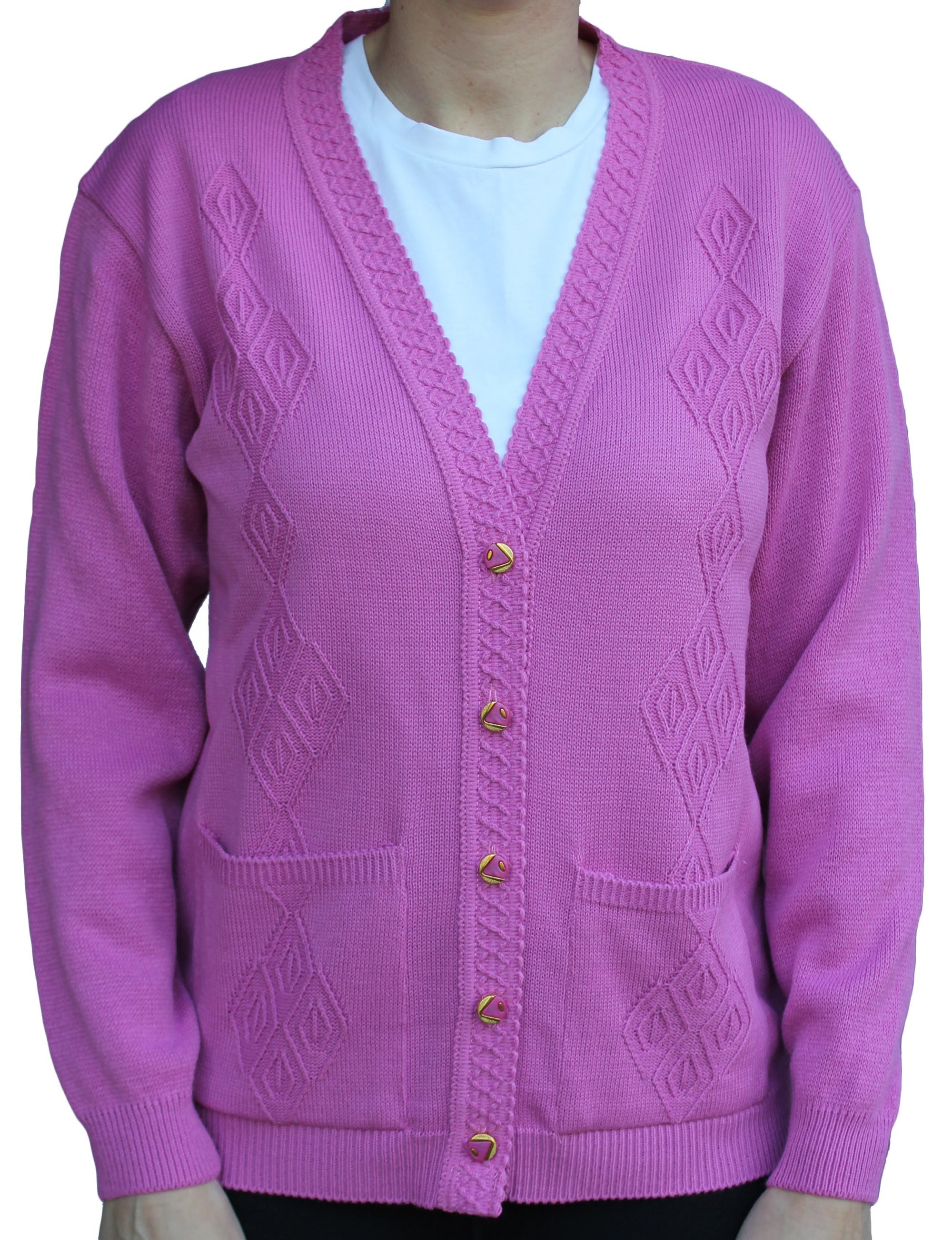 Ladies long sleeve diamond design v neck cardigan in pink