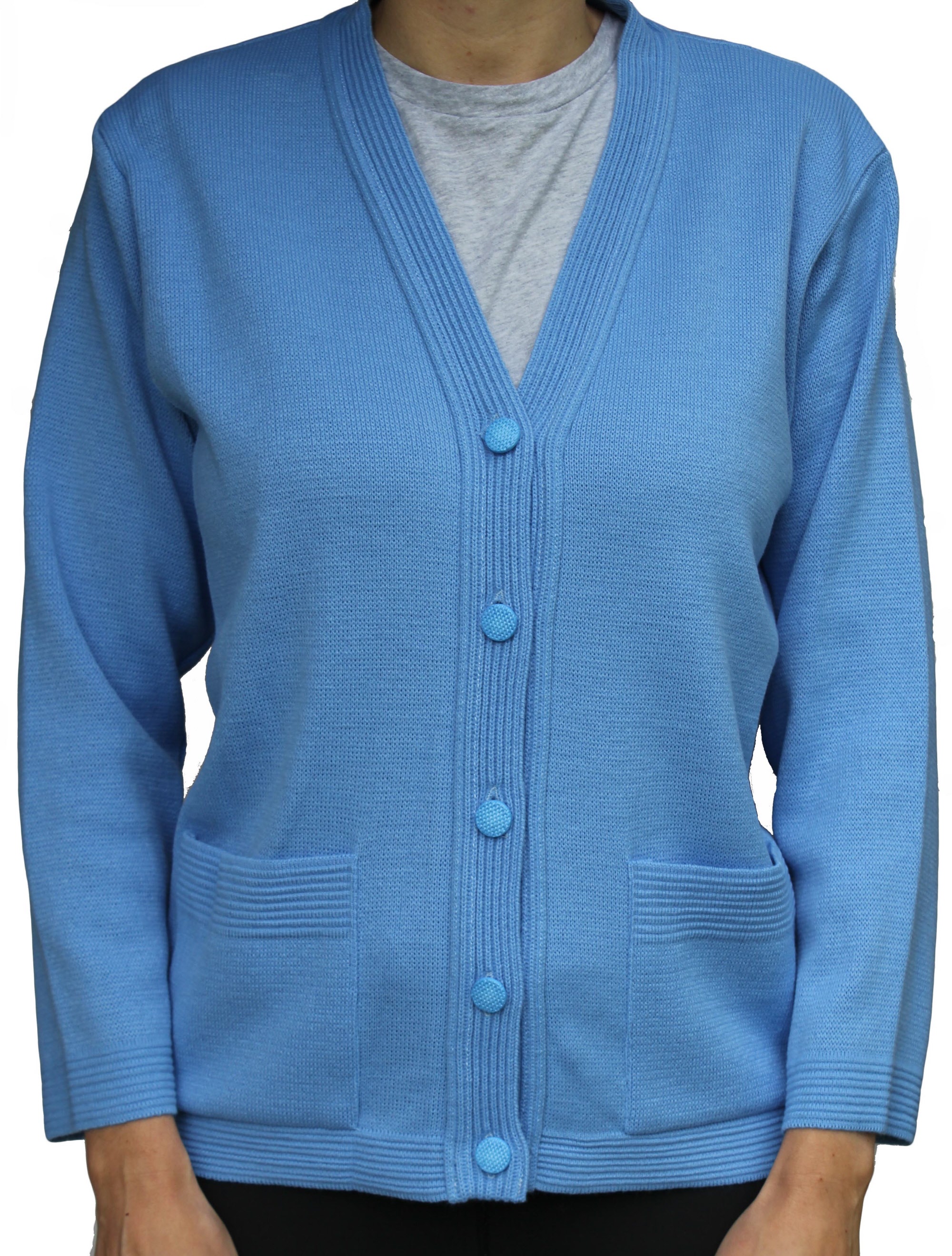 Ladies long sleeve knitted plain cardigan in cornflower blue by Figaro