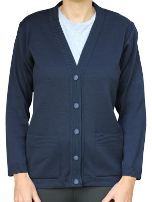 Ladies long sleeve knitted plain cardigan in Navy